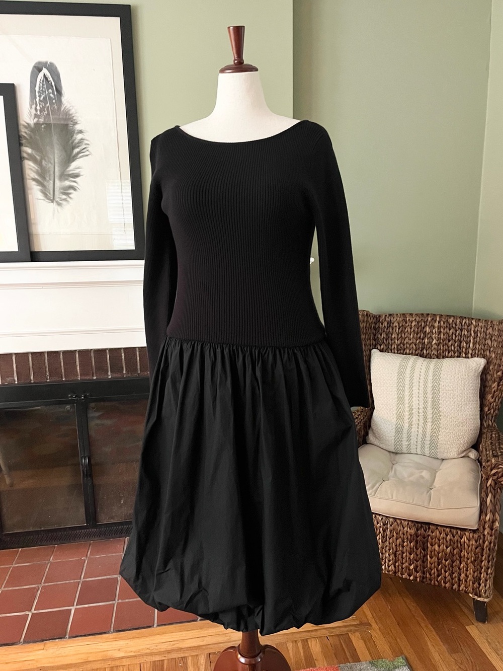 Able Black Drop Waist Mixed Media Bubble Hem Midi Dress — XL Fit
